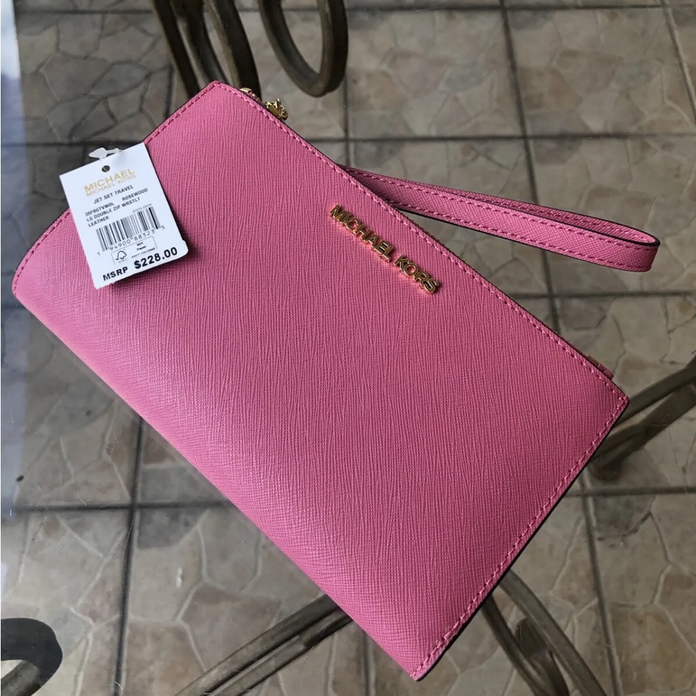 Michael Kors Jet Set Travel Double Zip Phone Case Leather Wristlet Clutch Wallet